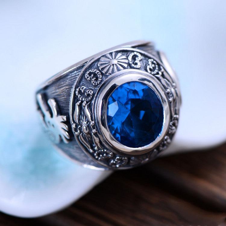 925 Silver Domineering Personalized Totem Synthesis Blue Crystal Men's Rings - Trendha