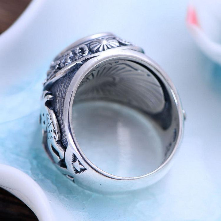 925 Silver Domineering Personalized Totem Synthesis Blue Crystal Men's Rings - Trendha