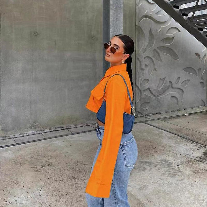 Autumn New Fashion Solid Pocket Short Shirt - Trendha