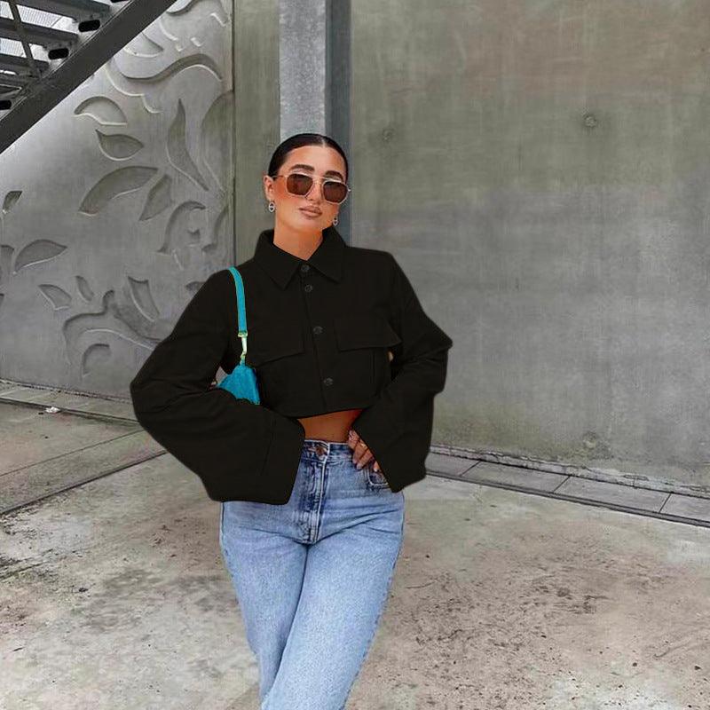 Autumn New Fashion Solid Pocket Short Shirt - Trendha