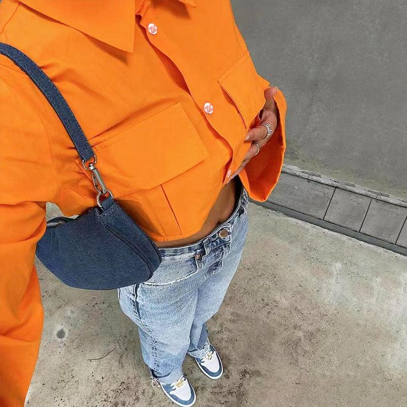 Autumn New Fashion Solid Pocket Short Shirt - Trendha