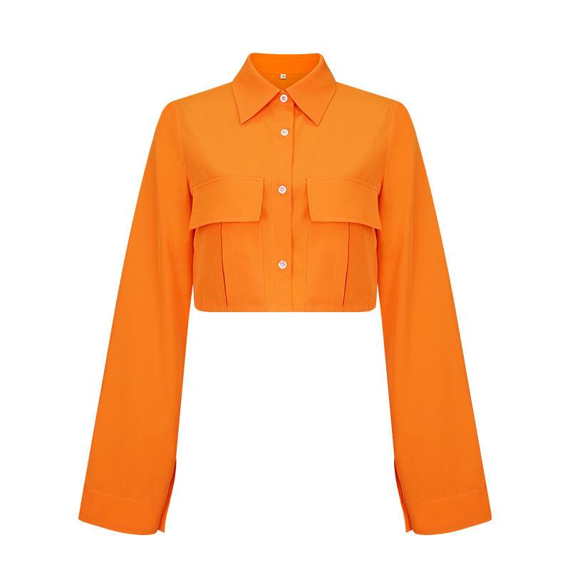 Autumn New Fashion Solid Pocket Short Shirt - Trendha