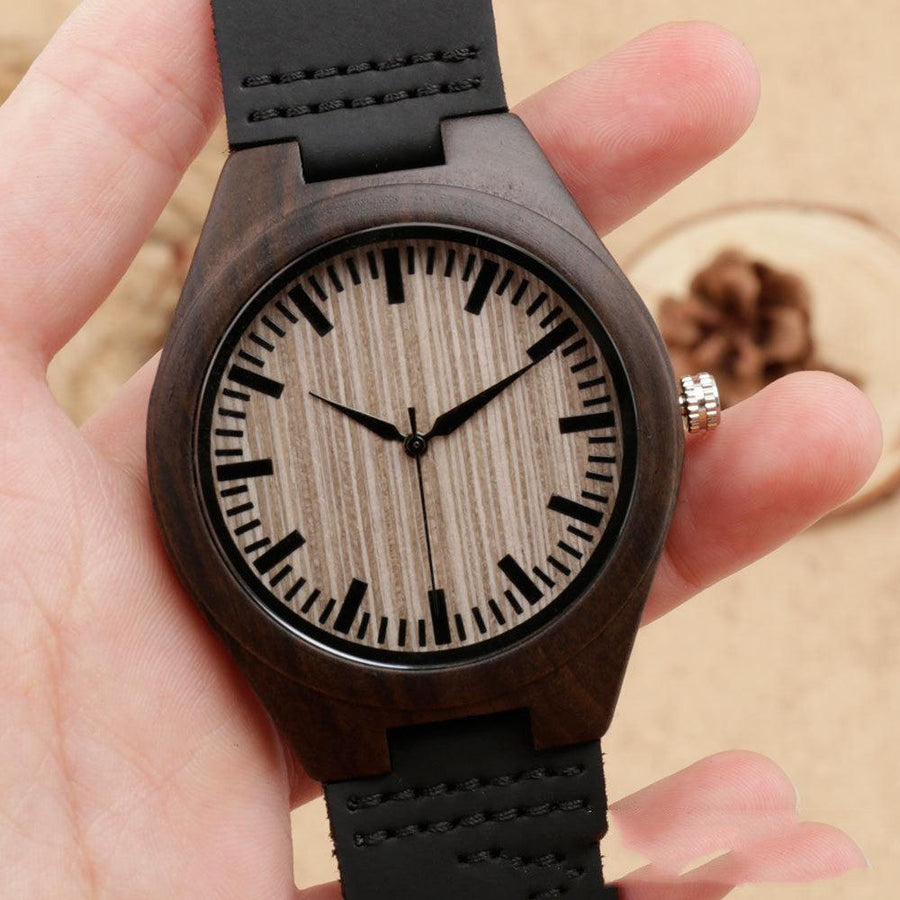 Brown Dial Wood Case Back Lettering Watch - Trendha