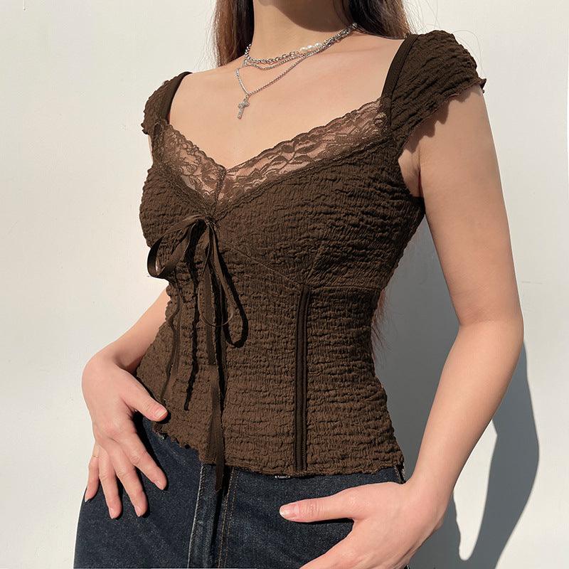 Brown Vintage Bow Fashion Top - Trendha