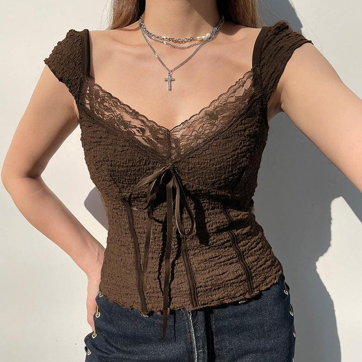Brown Vintage Bow Fashion Top - Trendha