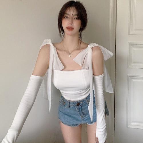 Chest Wrap Strap Bow Knit Tank Top - Trendha