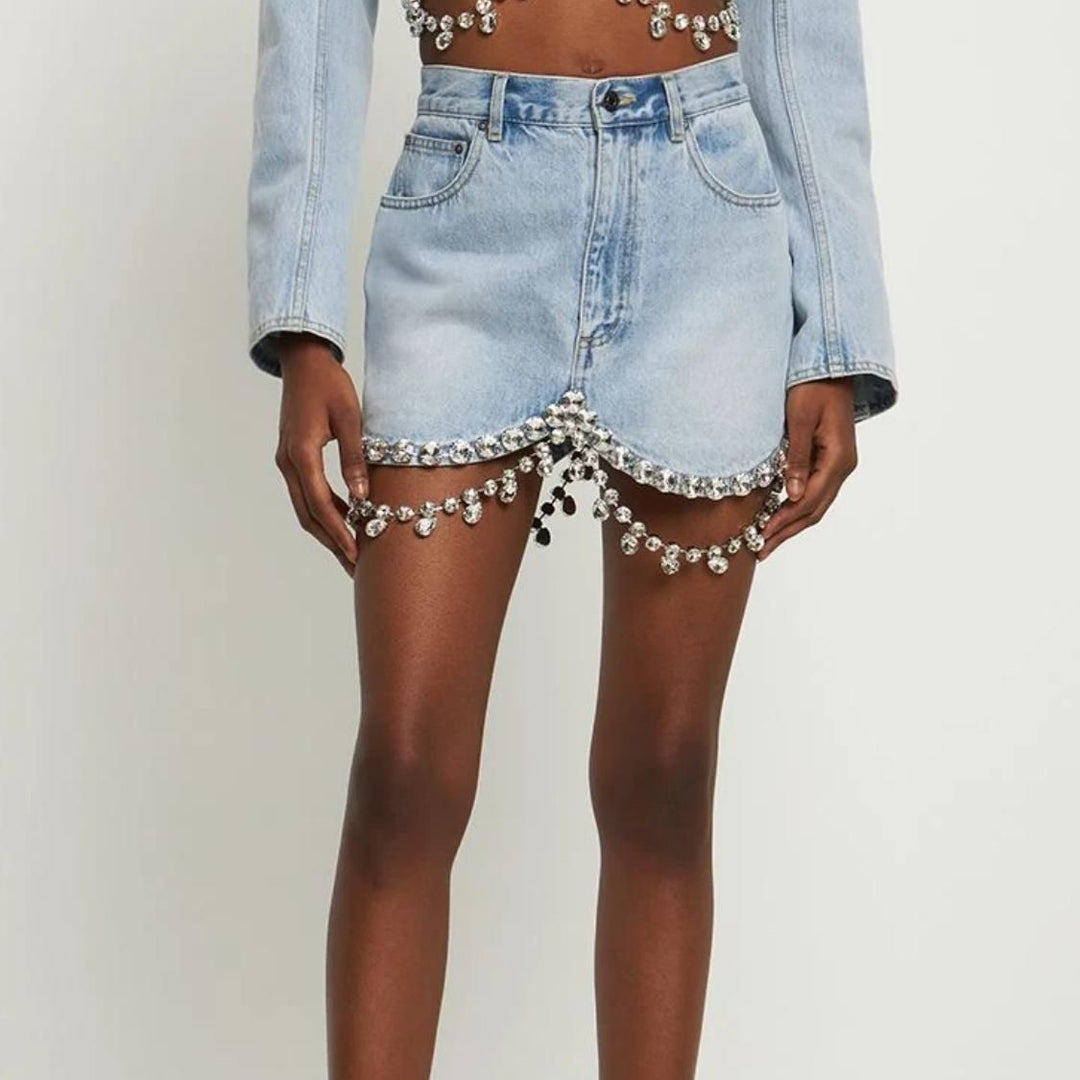 High Waist Diamond Patchwork Denim Mini Skirt with Pockets