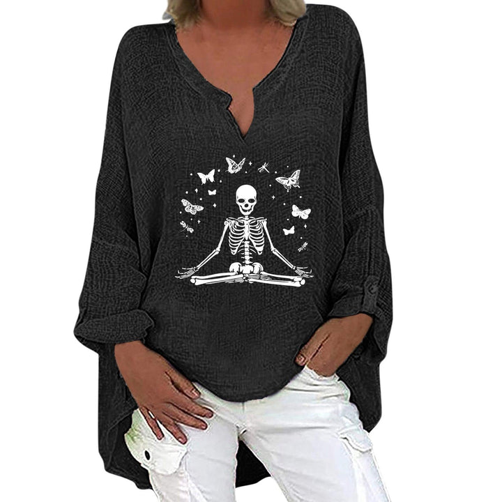Halloween Themed Print V-neck Cotton Linen Long Sleeve Shirt For Women - Trendha