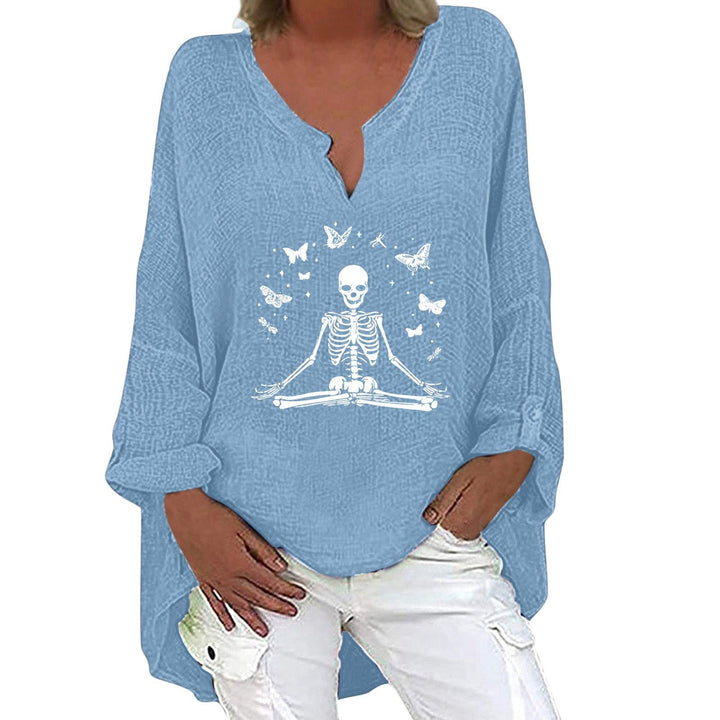 Halloween Themed Print V-neck Cotton Linen Long Sleeve Shirt For Women - Trendha