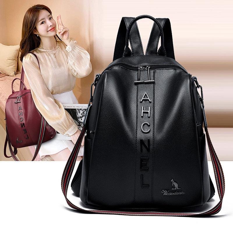 Fashion Backpack Women's Casual Letter Large Capacity Pu Soft Leather Lightweight Travel Bag - Trendha