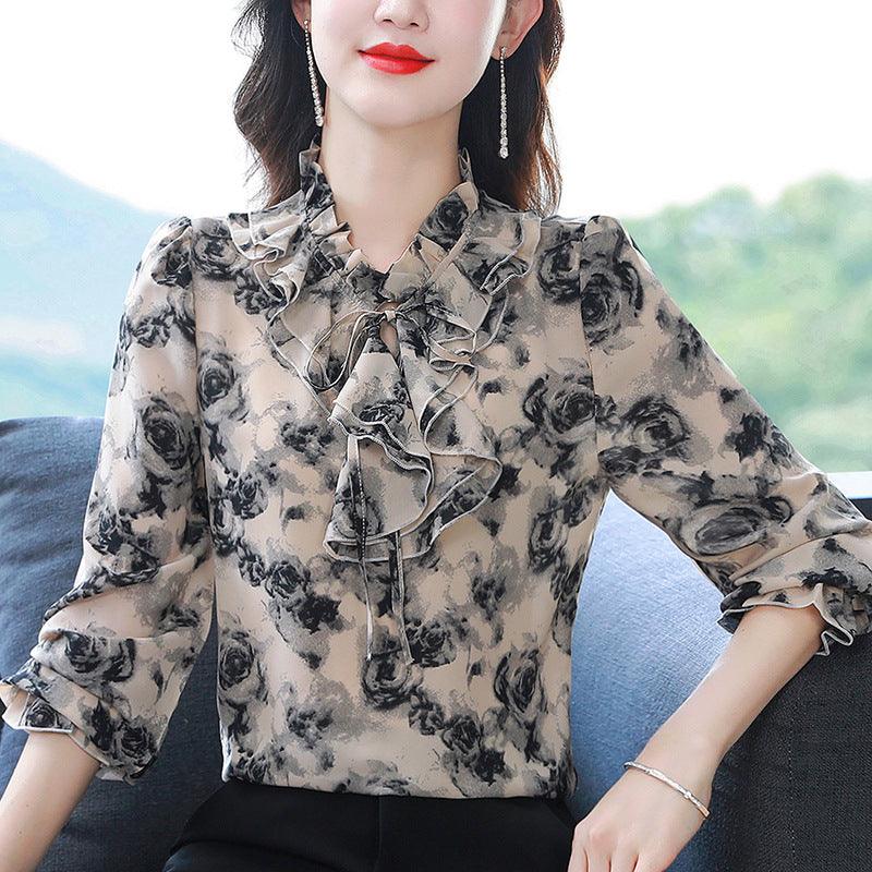 Foreign Style Agaric Ruffle Lace Up Floral Long Sleeved Chiffon Shirt For Women - Trendha