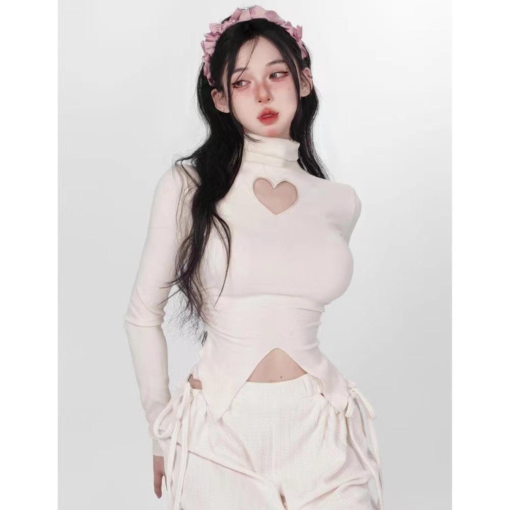 Hollow Heart High Neck Long Sleeve T-shirt - Trendha