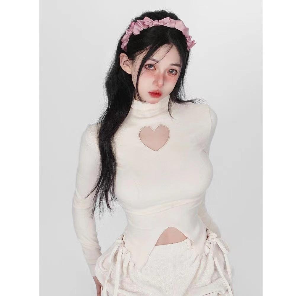 Hollow Heart High Neck Long Sleeve T-shirt - Trendha