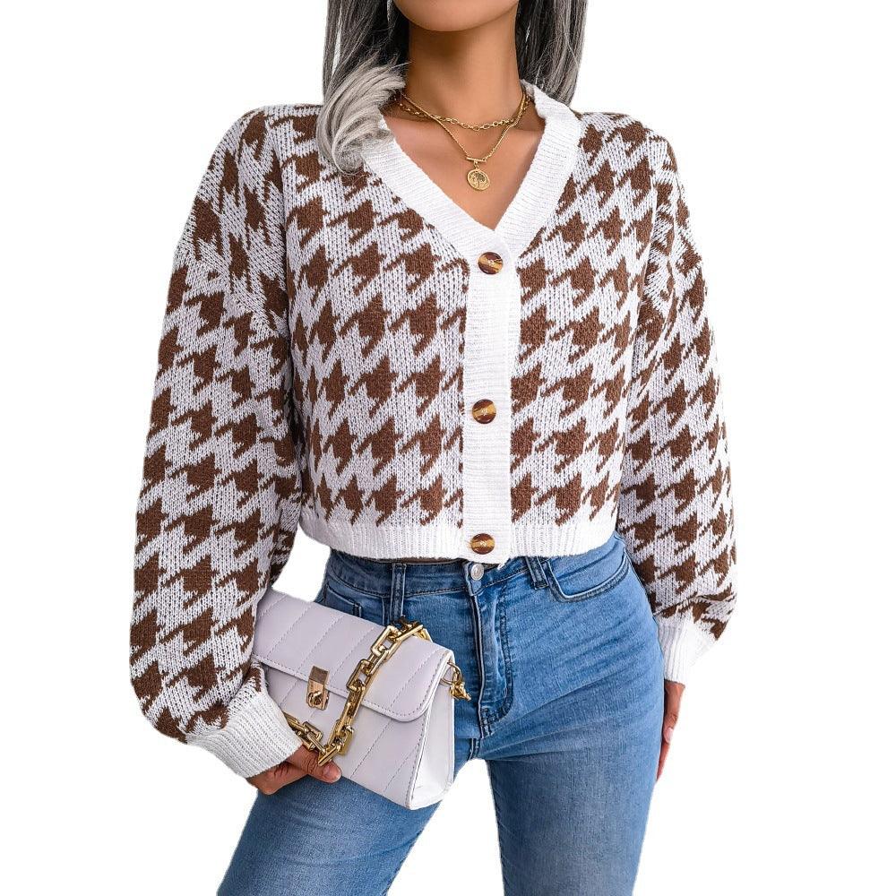 Ins Casual Lantern Long Sleeve Thousand Bird Check Cardigan Sweater - Trendha