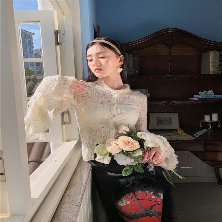 Lace Fabric Patchwork Large Hem Ruffled Sleeve Shirt - Trendha