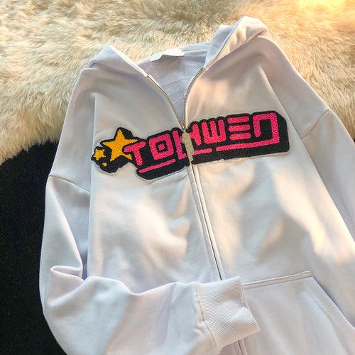 Letter Embroidery Hoodies Women High Set Loose Flocking Sweater - Trendha