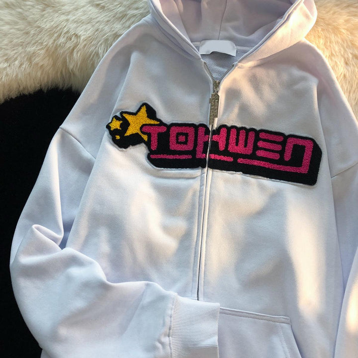 Letter Embroidery Hoodies Women High Set Loose Flocking Sweater - Trendha