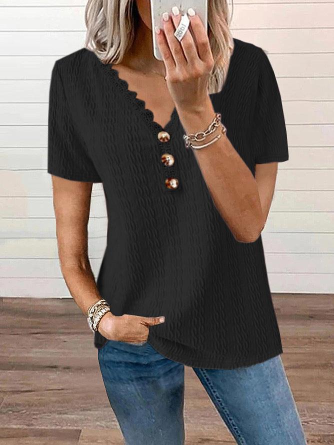 Loose V-neck Casual Lace Button Short Sleeve T-shirt Top - Trendha