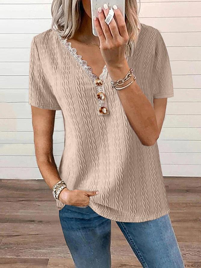 Loose V-neck Casual Lace Button Short Sleeve T-shirt Top - Trendha