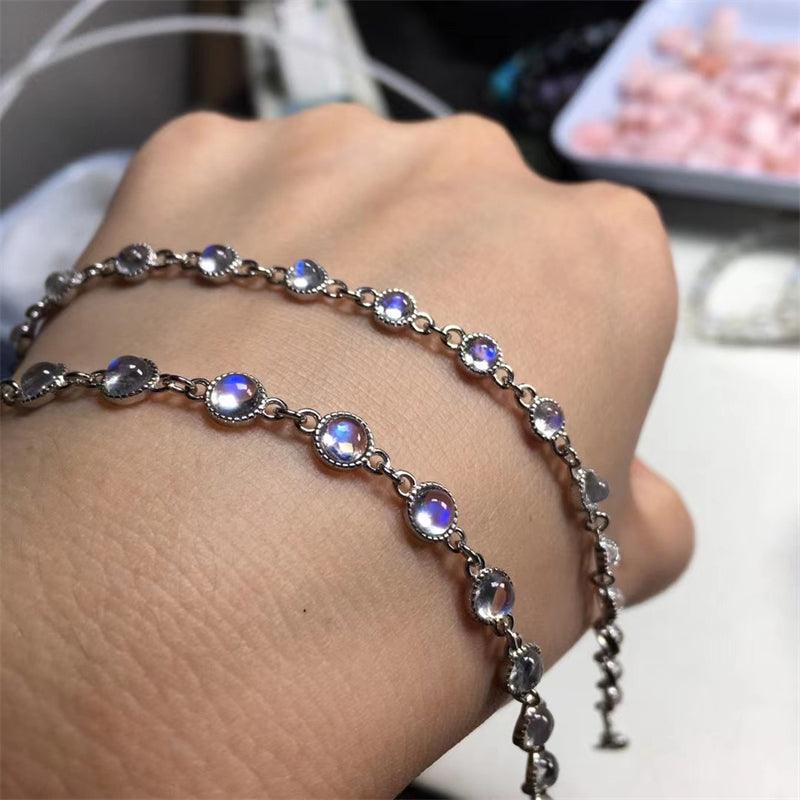 Natural Blue Moonlight Stone Silver 925 Inlaid Edge Bracelet - Trendha