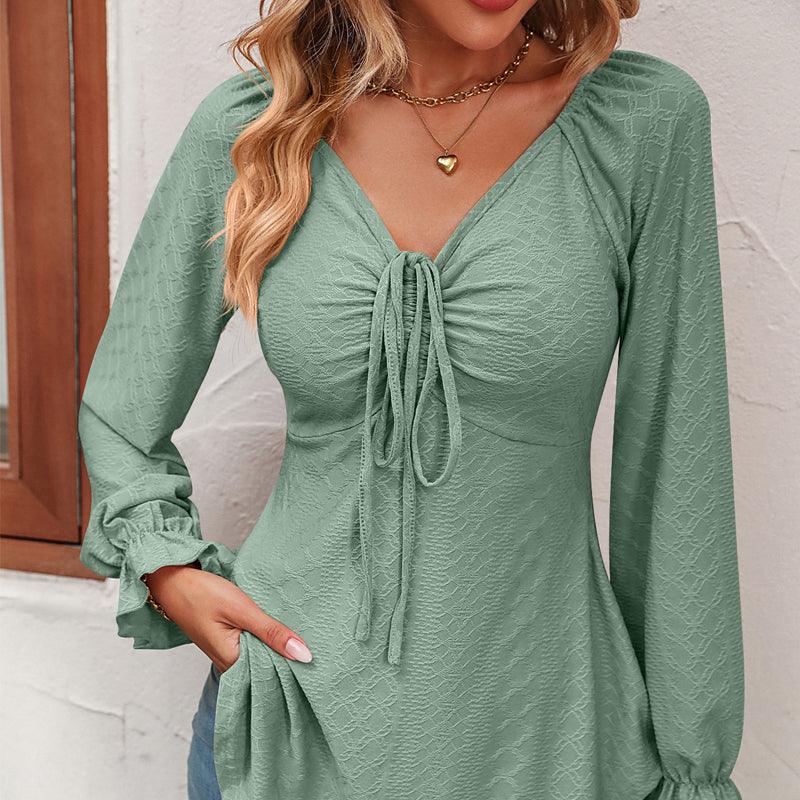 New European And American V-neck Drawstring Waist Sexy Long Sleeve Solid Color T-shirt - Trendha