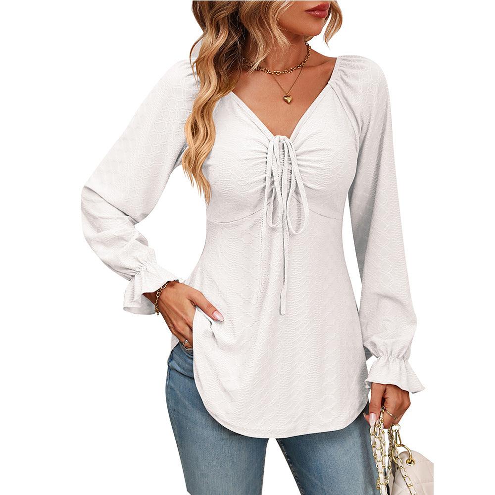 New European And American V-neck Drawstring Waist Sexy Long Sleeve Solid Color T-shirt - Trendha