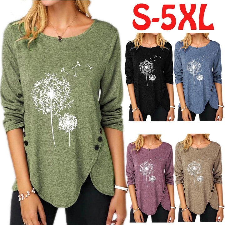 New Irregular Button Long Sleeve Round Neck Women's Printed Wear T-shirt - Trendha