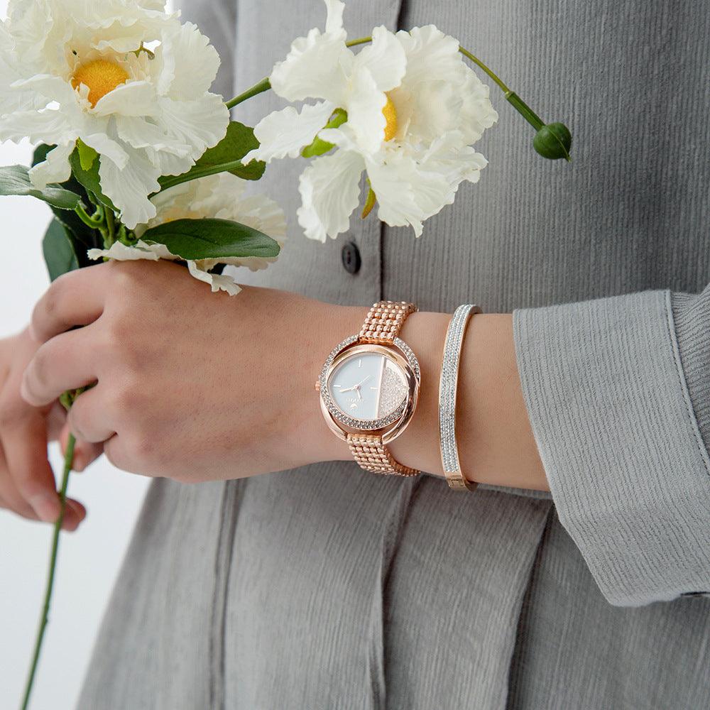 Oval Ball Quartz Watch Titanium Steel Bracelet Set - Trendha