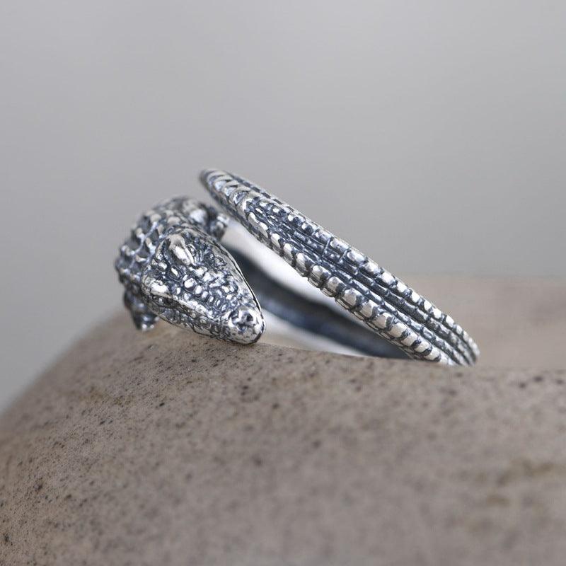 Retro Matte Craft Adjustable Ornament Crocodile Silver Ring - Trendha