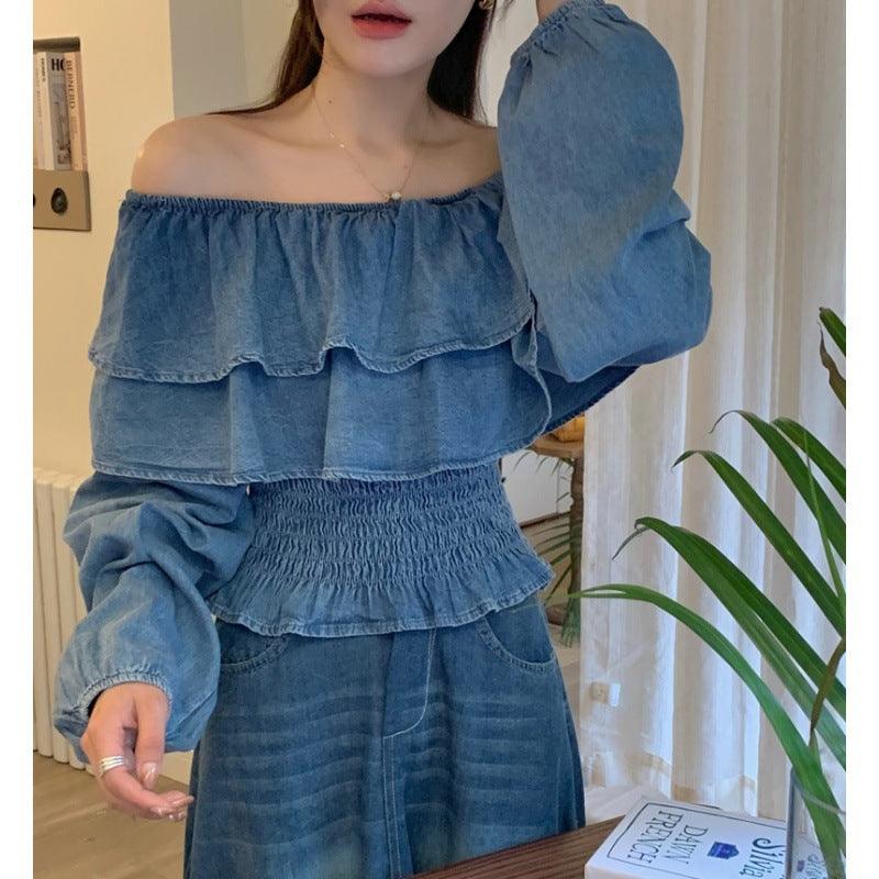 Retro Off-shoulder Waist-controlled Top Large Swing Denim Skirt - Trendha