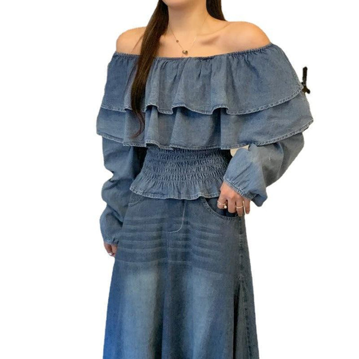 Retro Off-shoulder Waist-controlled Top Large Swing Denim Skirt - Trendha