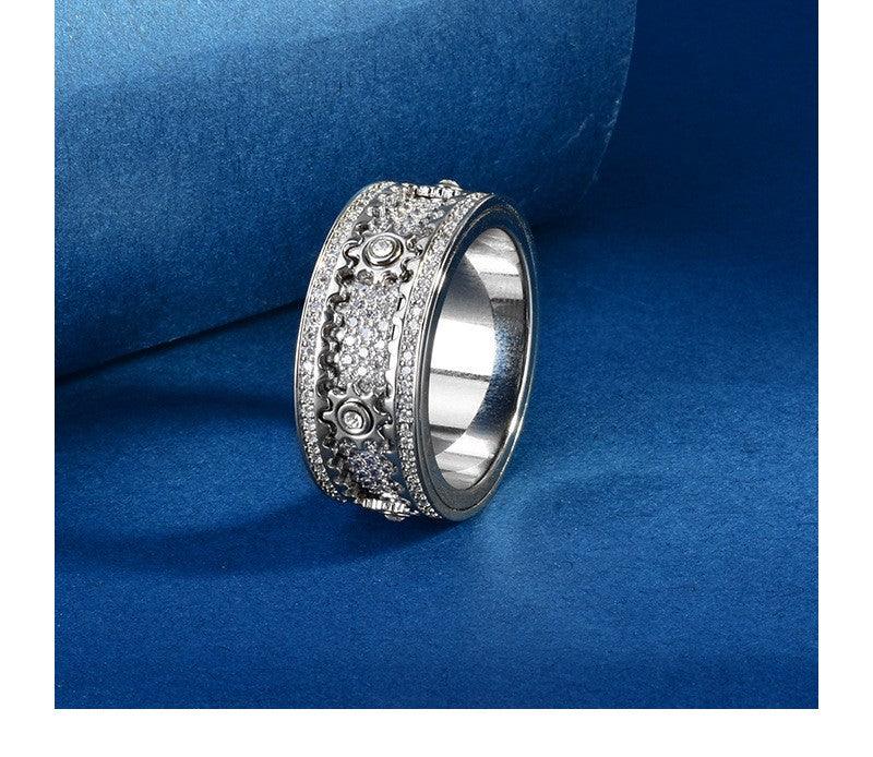 S925 Sterling Silver CNC Gear Full Diamond Rotating Ring - Trendha