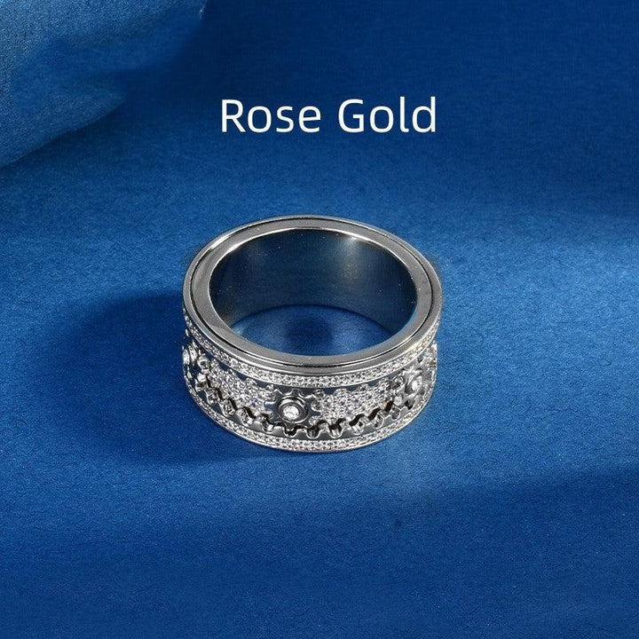 S925 Sterling Silver CNC Gear Full Diamond Rotating Ring - Trendha