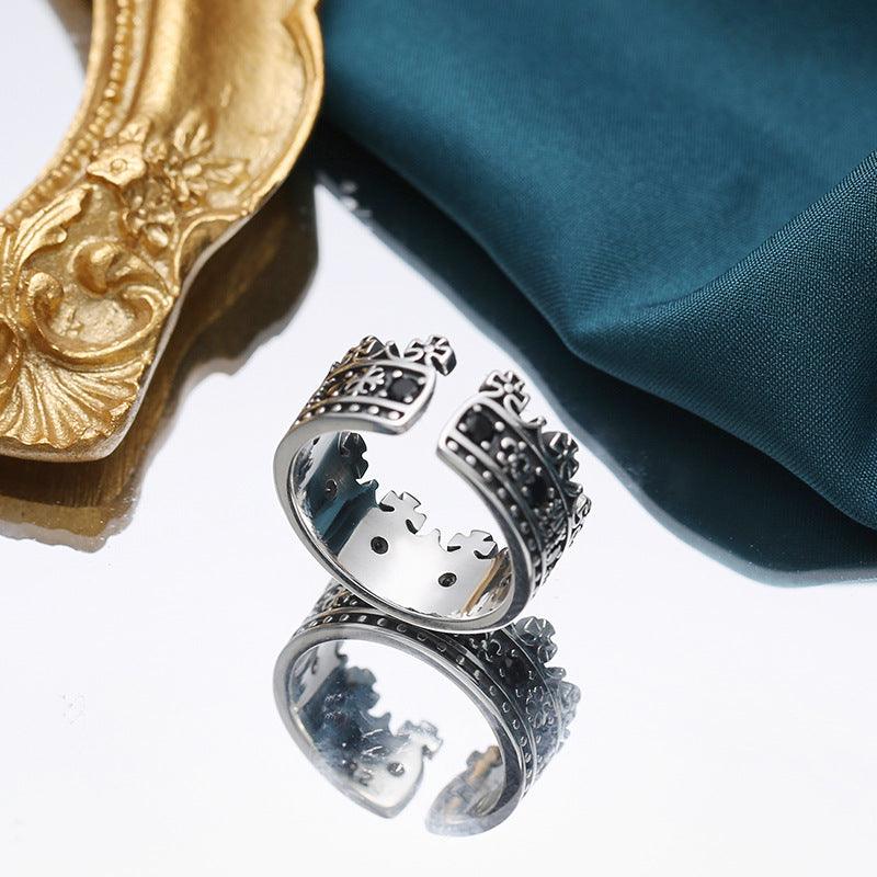 S925 Sterling Silver Inlaid Black Zircon Retro Geometric Adjustable Ring - Trendha