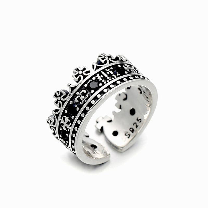S925 Sterling Silver Inlaid Black Zircon Retro Geometric Adjustable Ring - Trendha