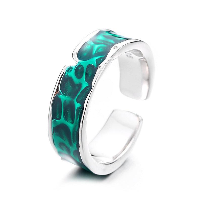 S925 Sterling Silver Irregular Green Dark Pattern Epoxy Ring - Trendha