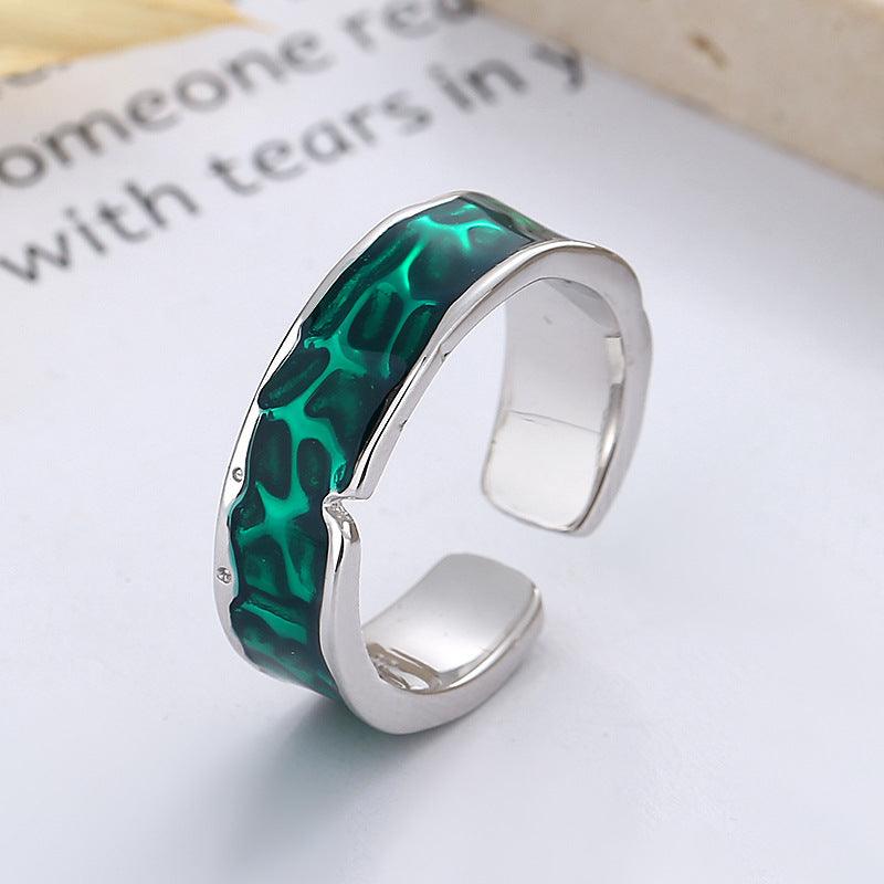 S925 Sterling Silver Irregular Green Dark Pattern Epoxy Ring - Trendha