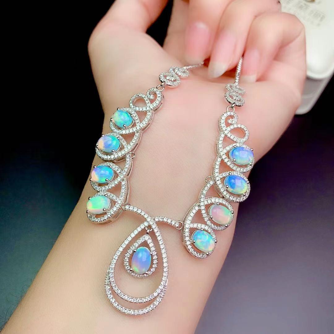 S925 Sterling Silver Natural Opal Rings Ear Studs Necklace - Trendha