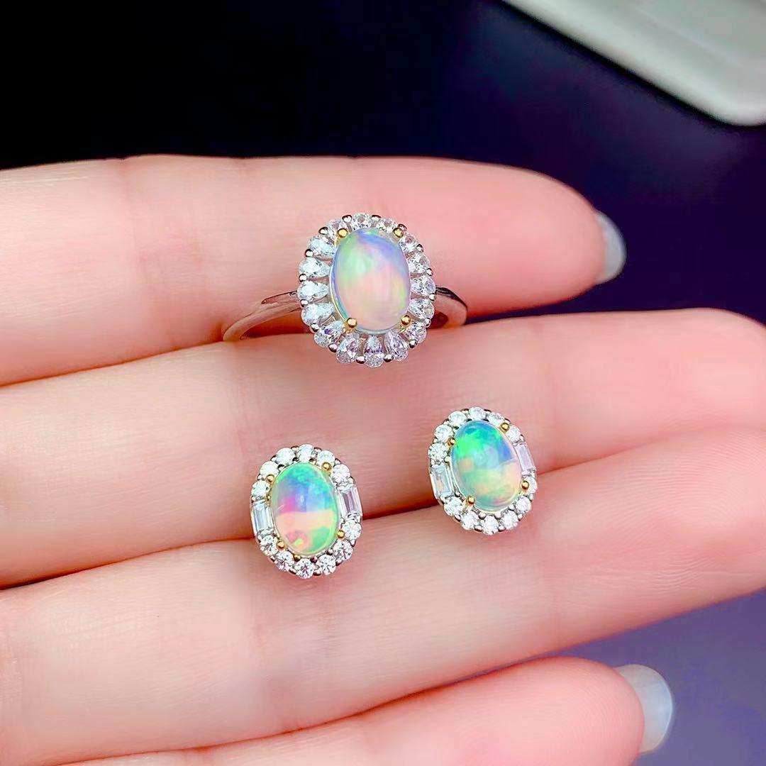 S925 Sterling Silver Natural Opal Rings Ear Studs Necklace - Trendha