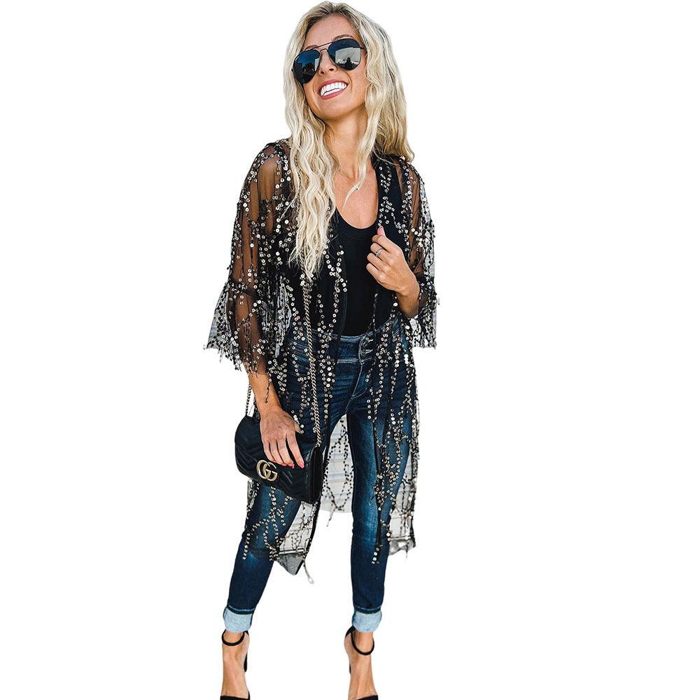 Sequined Transparent Mid-length Cardigan For Women Autumn - Trendha