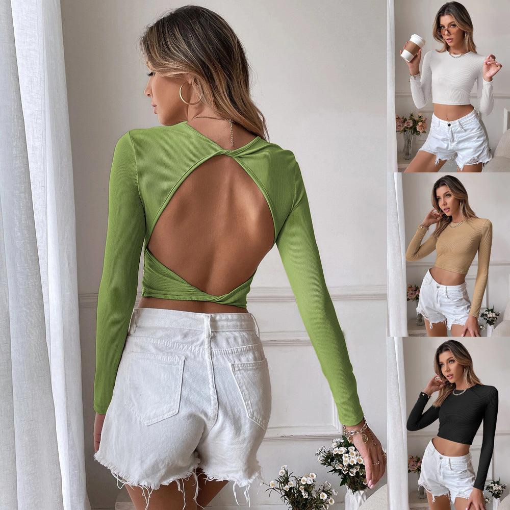 Sexy Backless Casual Short Slim Knit Long Sleeve T-shirt Top As A Base To Wear - Trendha
