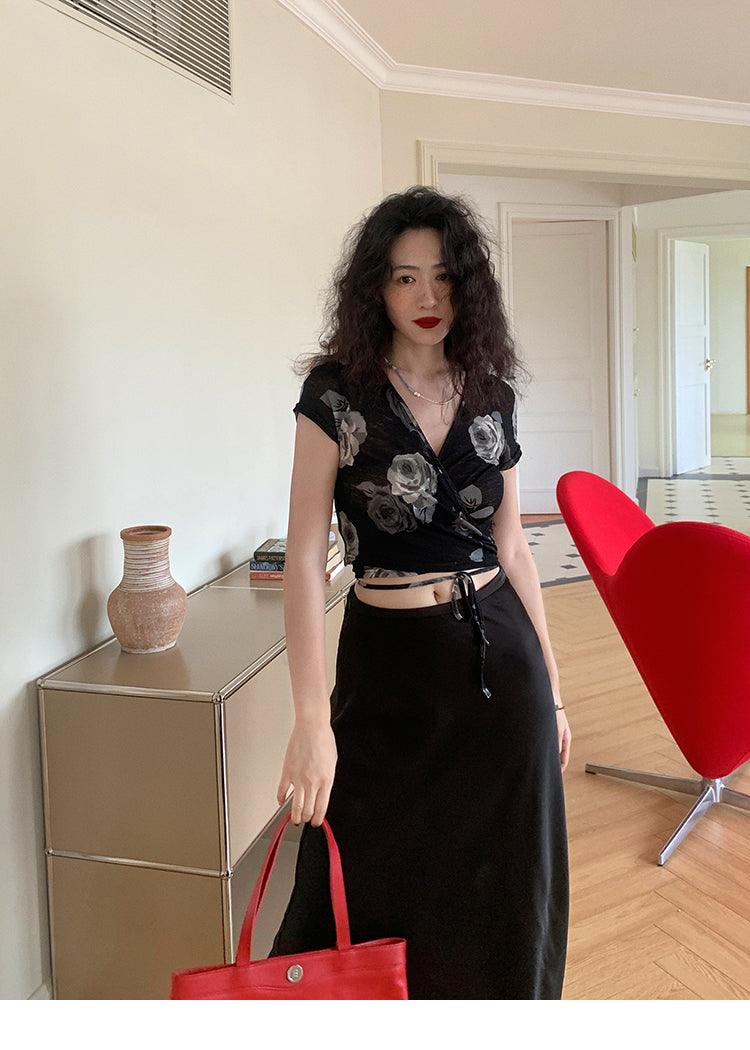 Short Lace Up Slim V-neck Short-sleeved T-shirt Women's Top - Trendha