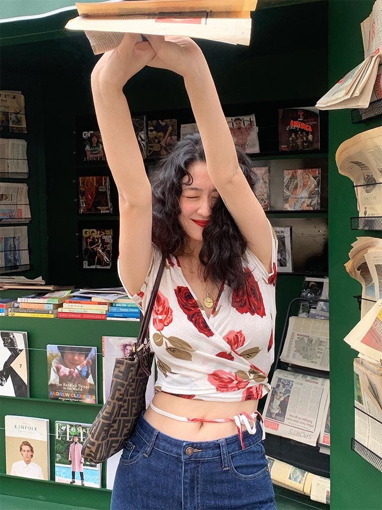 Short Lace Up Slim V-neck Short-sleeved T-shirt Women's Top - Trendha