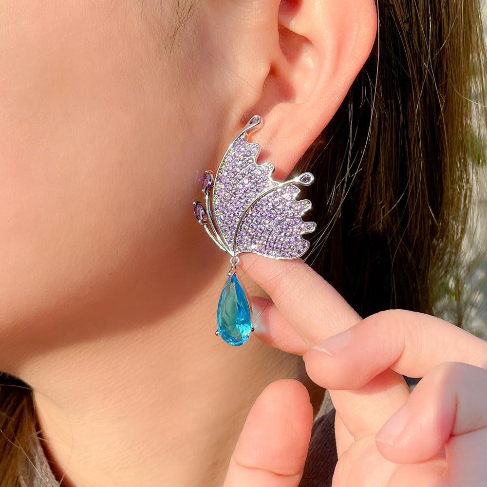 Silver Post Butterfly Earrings Klein Blue Micropavement - Trendha