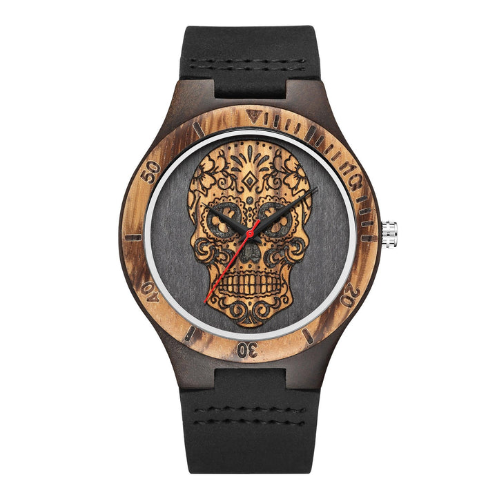 Skull Wooden Watch Quartz Scale Double Color - Trendha