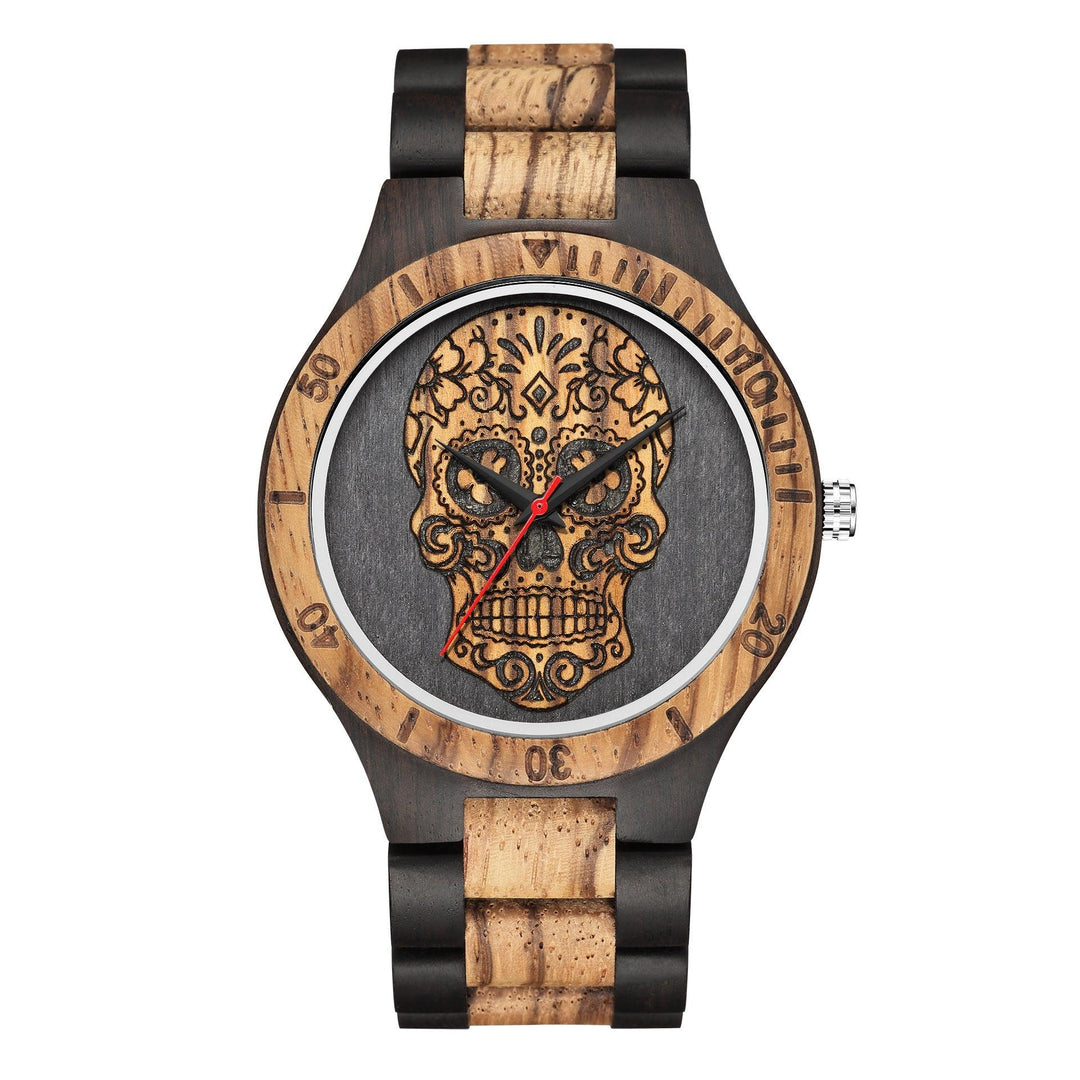 Skull Wooden Watch Quartz Scale Double Color - Trendha