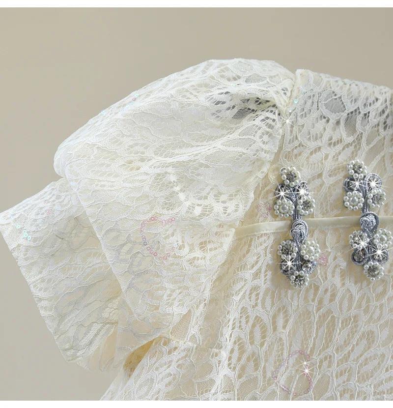 Vintage Buckle Stand Collar Puff Sleeve Top Beaded - Trendha