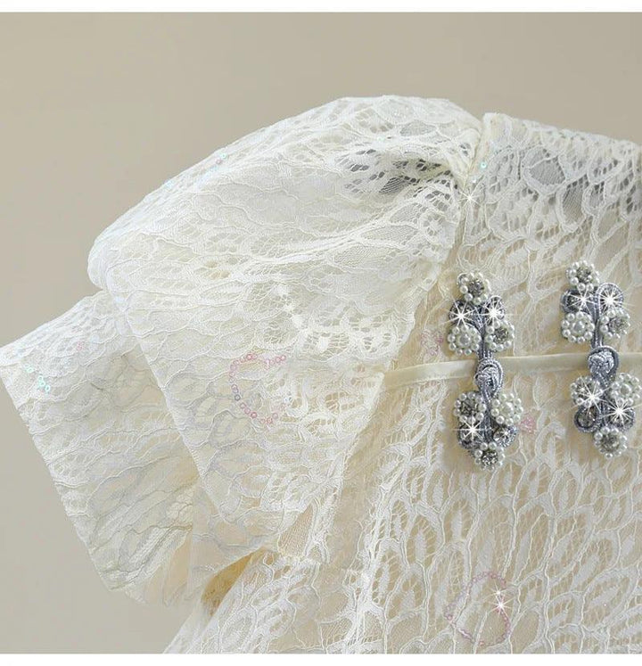 Vintage Buckle Stand Collar Puff Sleeve Top Beaded - Trendha