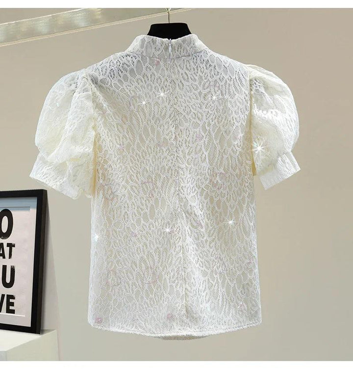 Vintage Buckle Stand Collar Puff Sleeve Top Beaded - Trendha