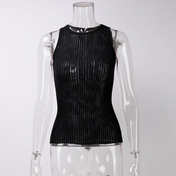 Women's Fashion Solid Color Rib Fabric Hollow Vest Slim Sleeveless Knitted Top - Trendha